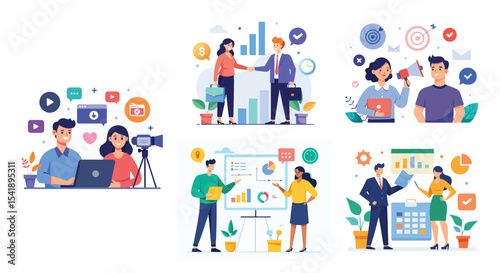 Illustration of business marketing ideas. Teamwork and idea sharing concept. Flat style design