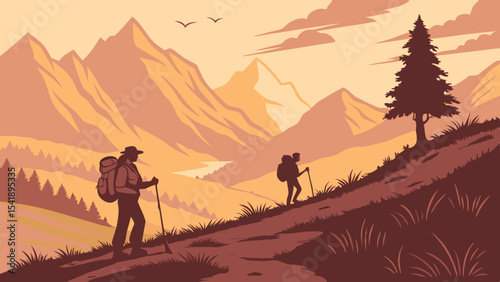 Silhouette of people hiking or walking in the mountains at sunset or sunrise