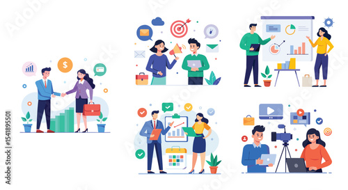 Illustration of business marketing ideas. Teamwork and idea sharing concept. Flat style design