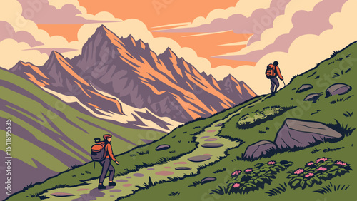 A lone hiker enjoys the panoramic mountain landscape under a summer sky, embodying adventure and the beauty of nature
