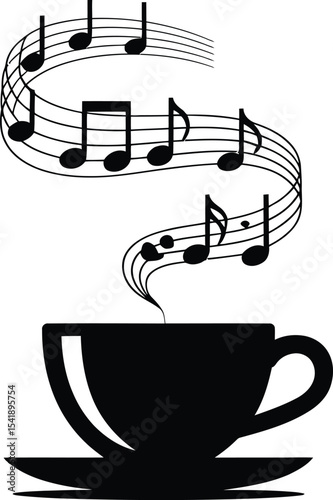  Vector Coffee Cup with Music Notes, Black Silhouette of Steaming Beverage and Melody.