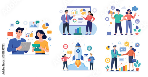 Illustration of business marketing ideas. Teamwork and idea sharing concept. Flat style design