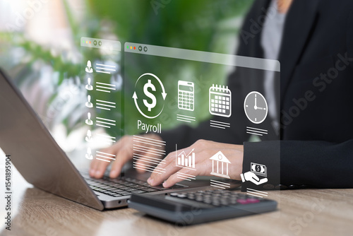 Payroll management and Automation salary payment concept, Businesswomen use application technology for payment salary, Financial, Accounting, Online system analytics, Employee data management with AI