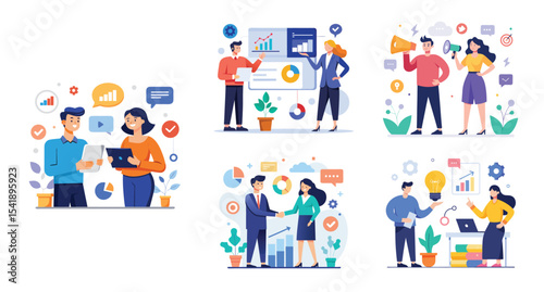 Illustration of business marketing ideas. Teamwork and idea sharing concept. Flat style design