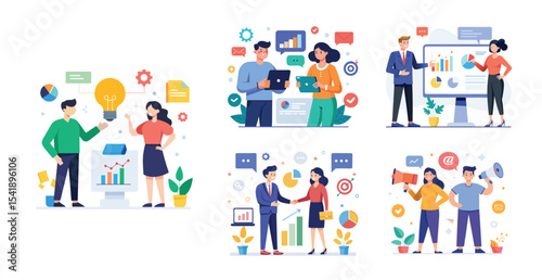 Illustration of business marketing ideas. Teamwork and idea sharing concept. Flat style design