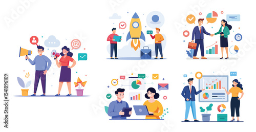 Illustration of business marketing ideas. Teamwork and idea sharing concept. Flat style design
