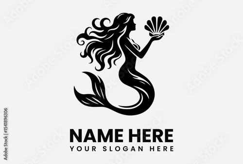 Silhouette of a mermaid holding a seashell, with text below.