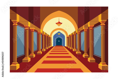 Grandiose Hallway A Majestic Architectural Illustration of Columns, Arches, and Carpets