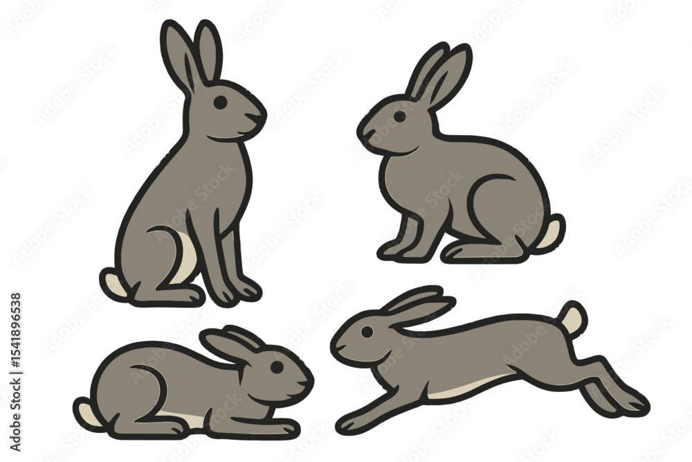 Obraz premium Cute gray rabbits in various poses and activities illustration on a transparent background 