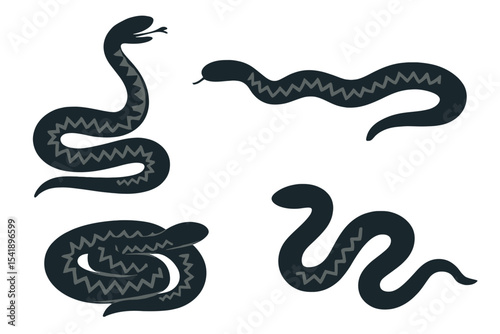 Four black snake illustrations with varying shapes and styles on a transparent background