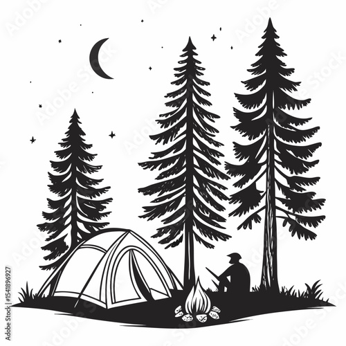 Vintage Camping Silhouette Vector with Tent, Trees, and Night Sky