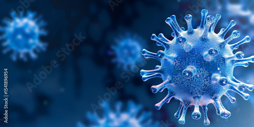 Visual representation of blue virus particles showcasing their intricate structures under a microscope in a lab
