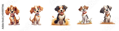 Adorable watercolor-style puppies in various poses, isolated vector images ideal for kids' products and decor. Cute Watercolor Puppies Set – Vector Dog Illustrations