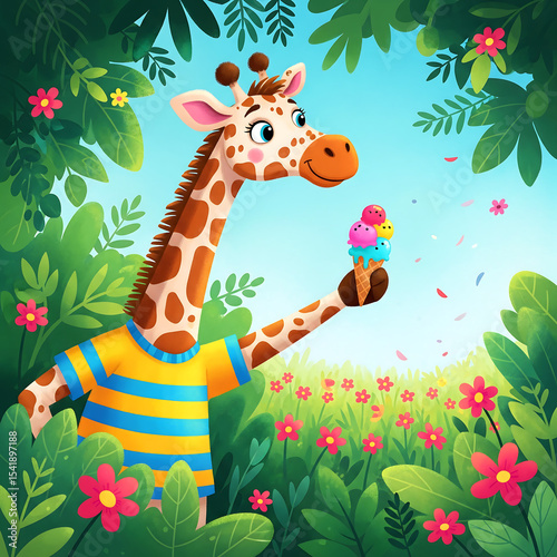 Children's T-shirt print: colorful giraffe illustration, bright and playful, animation: Happy giraffe cartoon character, holding ice cream, surrounded by lush greenery