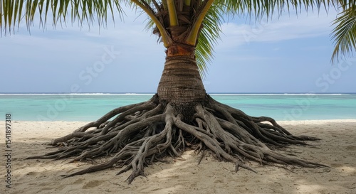 Palm tree roots on sandy beach