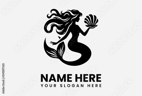 Silhouette logo featuring a mermaid holding a seashell, designed for a business.