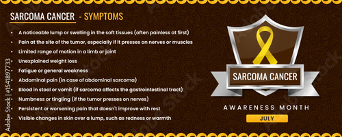 Original Sarcoma Cancer Awareness ribbon with Symptoms, Shield Design with Pattern Based Background.
