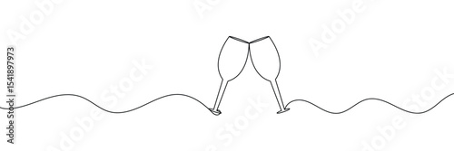 Continuous one line drawing of glass of wine. Champagne toast and cheers in simple linear style. Alcohol and cocktail drink menu in editable stroke. Doodle one line vector illustration . EPS 10 .