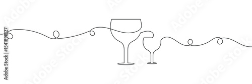 Continuous one line drawing of glass of wine. Champagne toast and cheers in simple linear style. Alcohol and cocktail drink menu in editable stroke. Doodle one line vector illustration . EPS 10 .