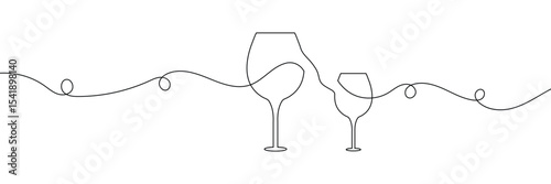 Continuous one line drawing of glass of wine. Champagne toast and cheers in simple linear style. Alcohol and cocktail drink menu in editable stroke. Doodle one line vector illustration . EPS 10 .