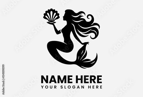 Elegant mermaid silhouette holding a seashell, logo design template.