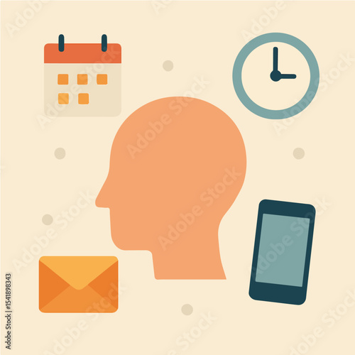 Conceptual illustration depicting communication time management and scheduling using a human head calendar clock email and smartphone