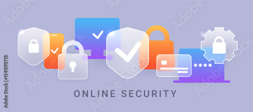 Online security glass morphism vector composition. Web protection concept illustration
