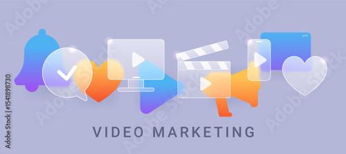 Video marketing composition on gray background. Glass morphism main page vector banner