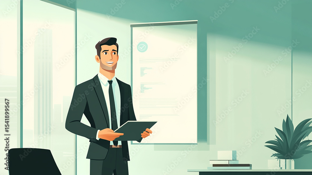 The confident businessman delivers a presentation in a modern office setting. The confident businessman delivers a presentation in a modern office setting.