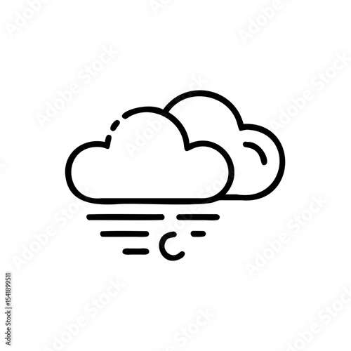 Black Line Art Illustration of Two Clouds with Wind and a Crescent Moon Below Handmade Autumn Weather Icon