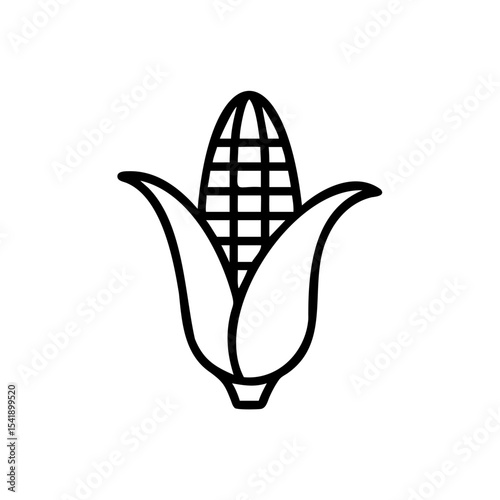 Black Outline Drawing of an Ear of Corn with Husk Autumn Harvest Graphic Design Element Handmade Illustration