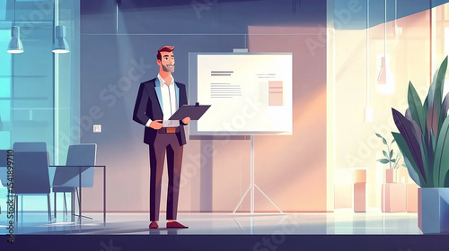The confident businessman delivers a presentation in a modern office setting.