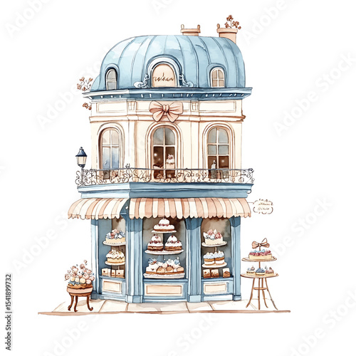 Watercolor illustration of charming parisian patisserie shop facade on transparent background