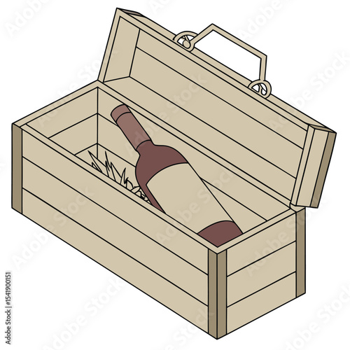 Wooden wine box with bottle and straw