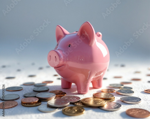 Pink piggy bank surrounded by coins symbolizes savings and financial growth at a bright workspace
