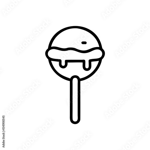 Black Outline Drawing of a Round Lollipop with Melted Dripping Candy on a Stick Handmade autumn sweet treat icon