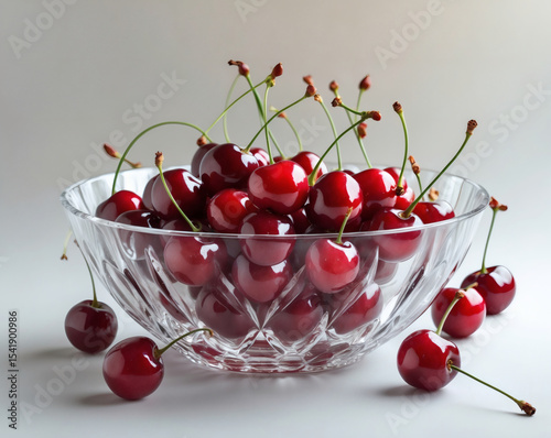 Lush cherries gleaming in a crystal bowl, celebrating summer's bounty in a simple kitchen setting