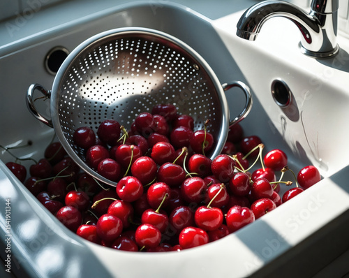 Freshly picked cherries overflow a colander in a sunlit kitchen, ready for preparation and enjoyment in summer recipes and desserts