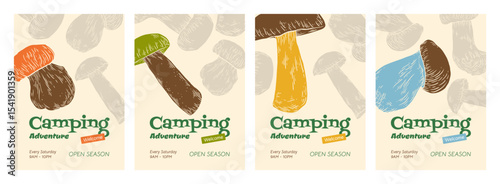 Camping poster set. Porcini Mushrooms Vector hand drawn autumn banner design template, forest design. Natural food silhouette, vintage mushroom pickers symbol. Travel stamp retro graphic.