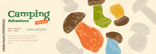 Camping banner. Porcini Mushrooms Vector hand drawn autumn design template, forest design. Natural food silhouette, vintage mushroom pickers symbol. Travel stamp retro graphic.