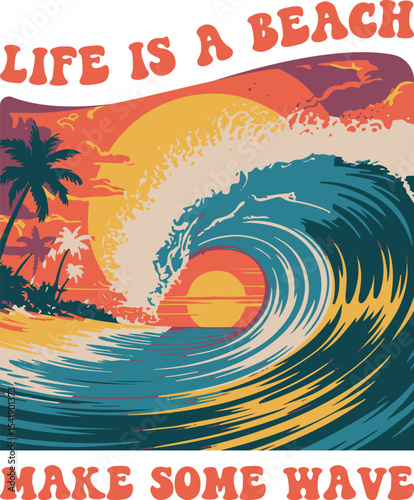 Summer Vibes Paradise Beaches Party Vector Template, Retro Vintage Outdoor Vacation T-shirt Design, Hawaii Surfing Holiday Sunshine Typography Quote