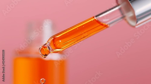 Macro Shot of Vitamin C Serum Bottle with Pipette on Studio Background
