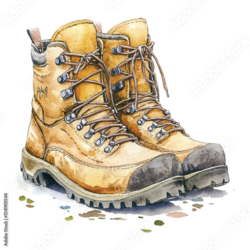 Watercolor illustration of hiking boots adventure footwear on transparent background