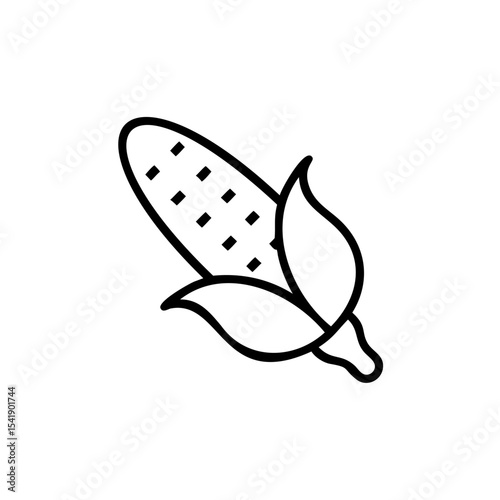 Black Line Art Illustration of an Ear of Corn with Husk Leaves Simple Handmade Autumnal Design Element