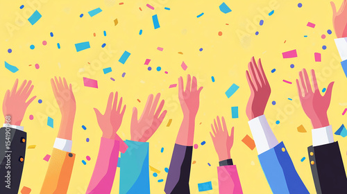 A team of business professionals celebrating with clapping hands or raised arms in a joyful atmosphere.