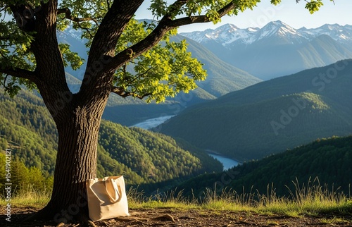 Reusable bag placed in a natural landscape with mountains and trees, symbolizing a clean Earth and celebrating International Plastic Bag Free Day with a message of sustainability. photo