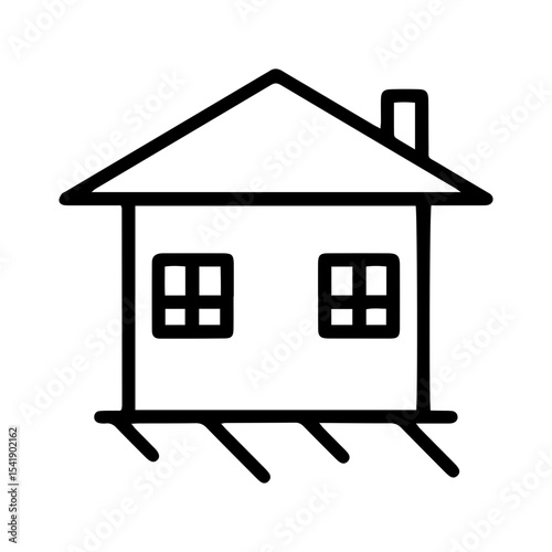 Outline style image depicts a simple, stylized house with a roof, chimney, two windows, and abstract lines denoting foundation or ground, symbolizing a home, property, or residential building