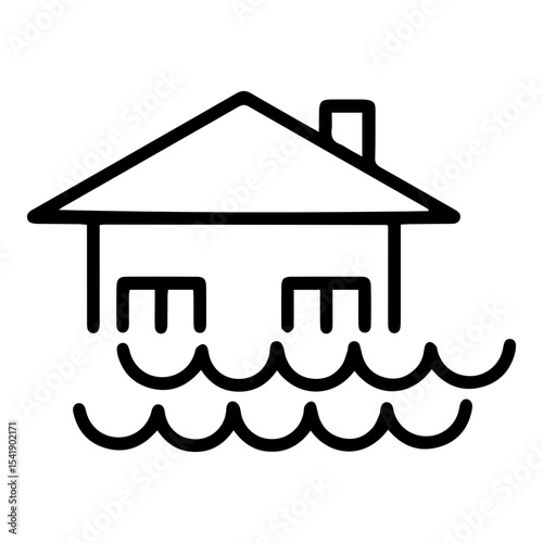 Outline style image depicts a single house with floods, symbolizing a flooded house, property damage from water, or a natural disaster affecting a dwelling, and is related to environmental hazards