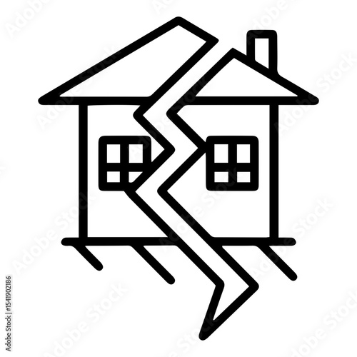 Outline style image depicts a house split vertically, denoting a destroyed, damaged, or broken home, defining devastation from a natural disaster, other calamity. Related to aftermath of an earthquake
