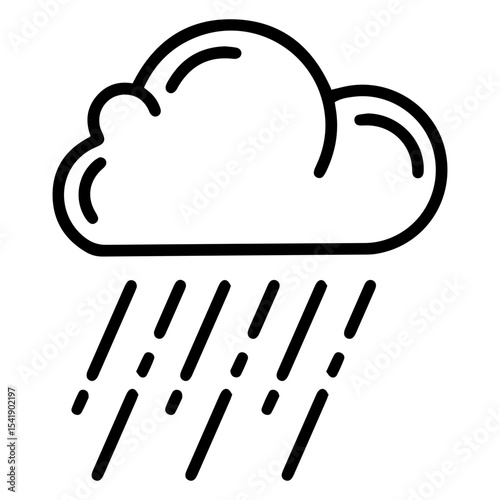 Outline style image depicts a cloud with several bars of falling rain, denoting rainfall, wet weather conditions. Related to weather forecasting, climate, natural phenomena, meteorological information